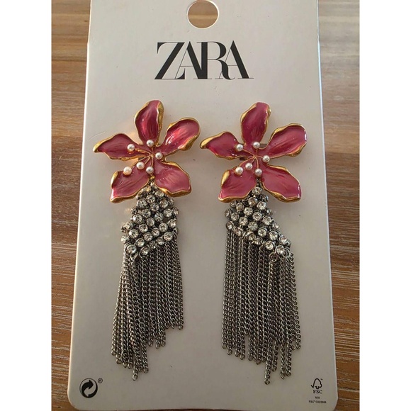 NWTS ZARA Womens Red Floral Rhinestone Tassel Dangle Statement Earrings - Picture 3 of 3